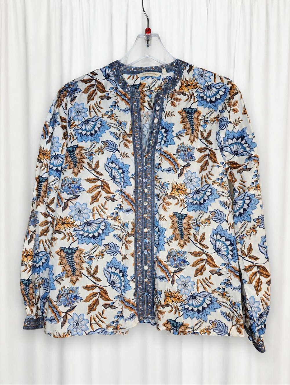 Soft Surroundings Tracey Blue Caramel Large Scale Floral Bohemian Tunic Blouse